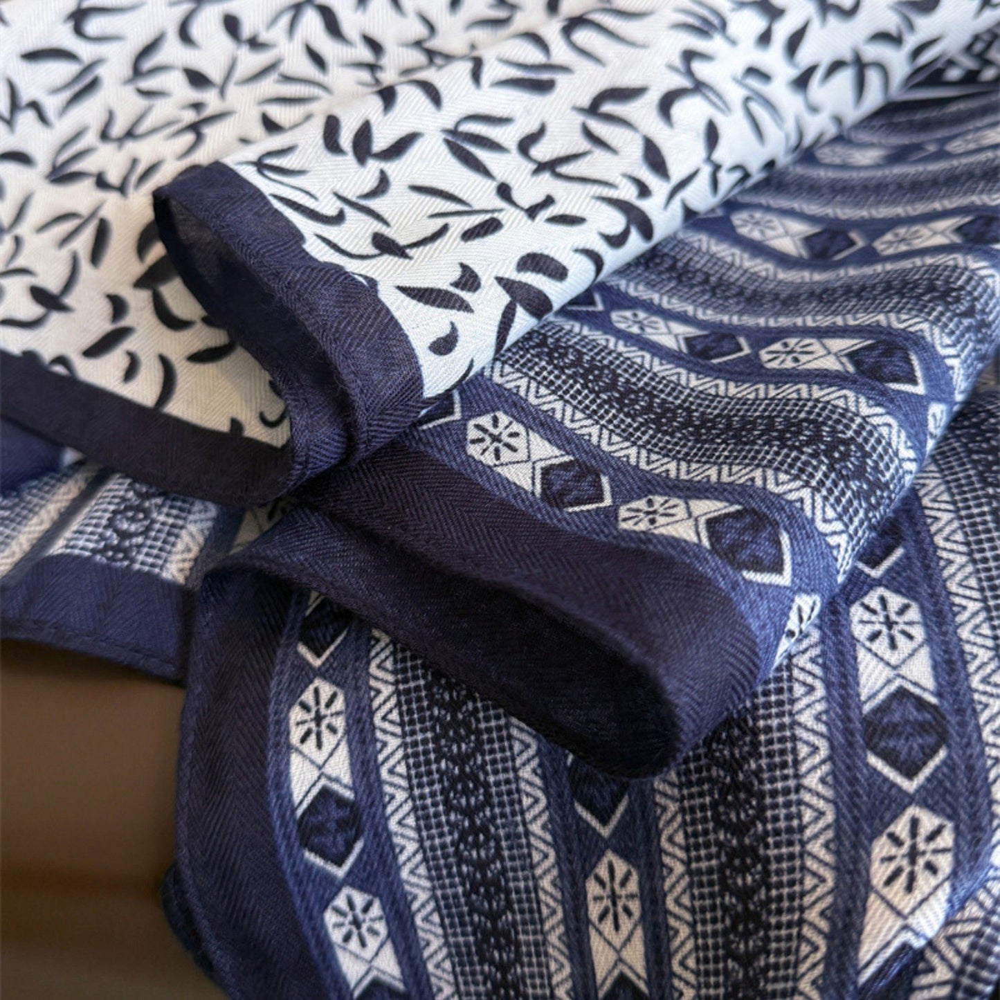 Geometric and Leaf Print Satin Square Scarf with Contrasting Patterns 27x27in