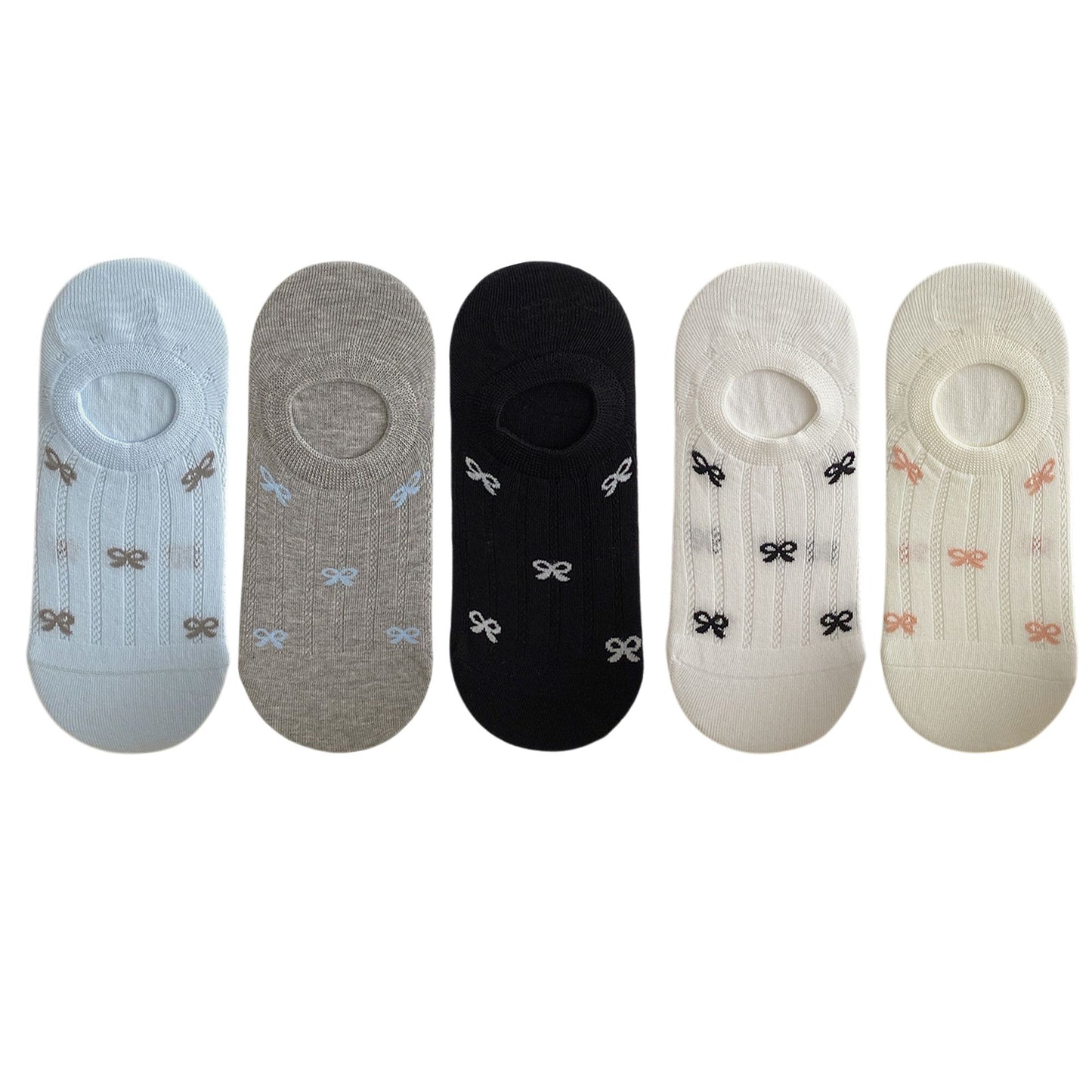 5 Pairs Bow Pattern Low Cut No Show Socks Breathable Mesh Knit Anti-Slip Design Multiple Color Options