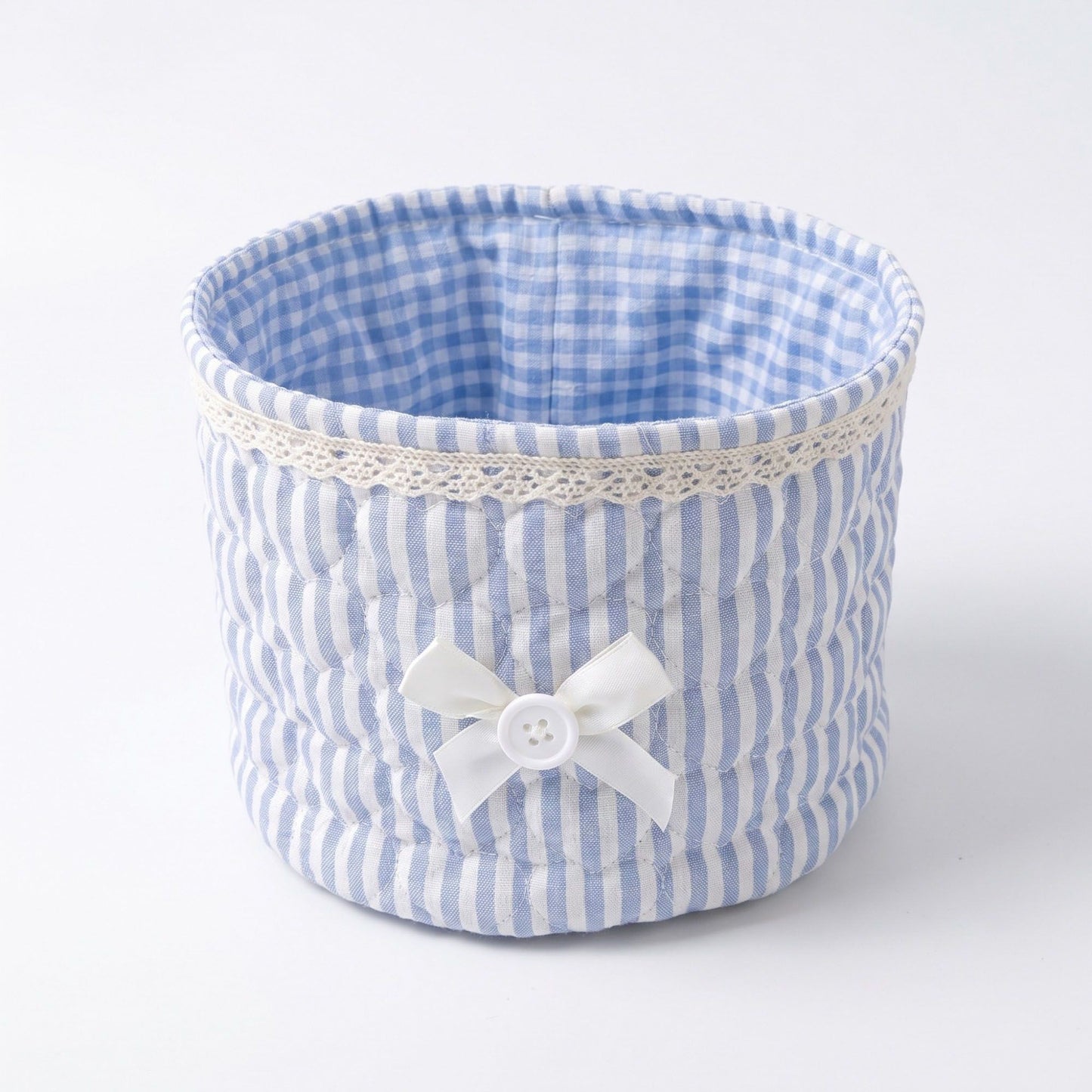 Quilted Fabric Storage Basket with Lace Trim and Bow