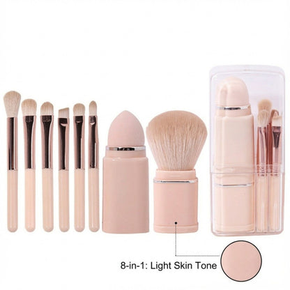 8-Piece Makeup Brush and Sponge Set with Retractable Face Brushes and Travel Storage Case