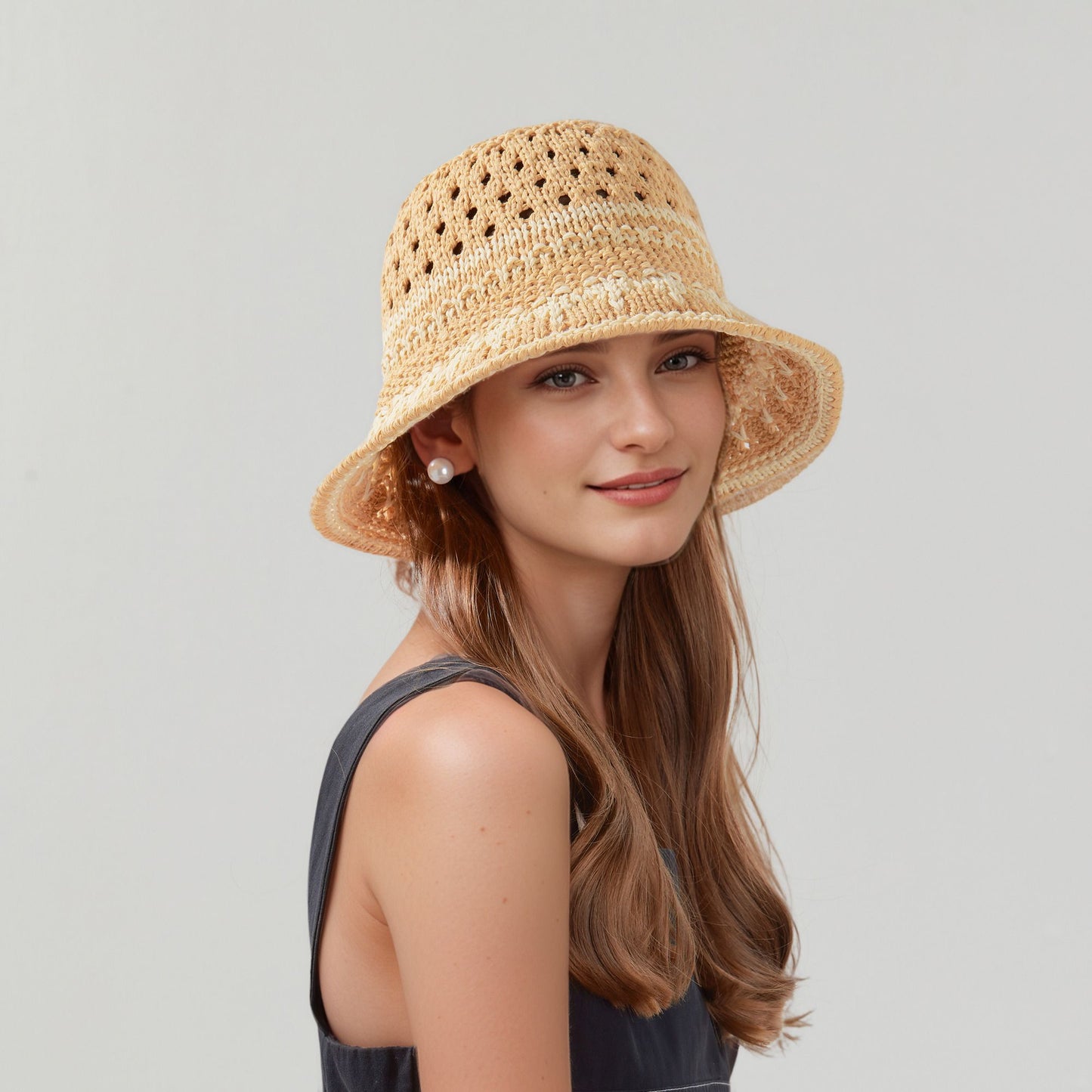 Crochet Knit Bucket Hat with Openwork Floral Pattern and Rolled Brim for Lightweight Summer Style