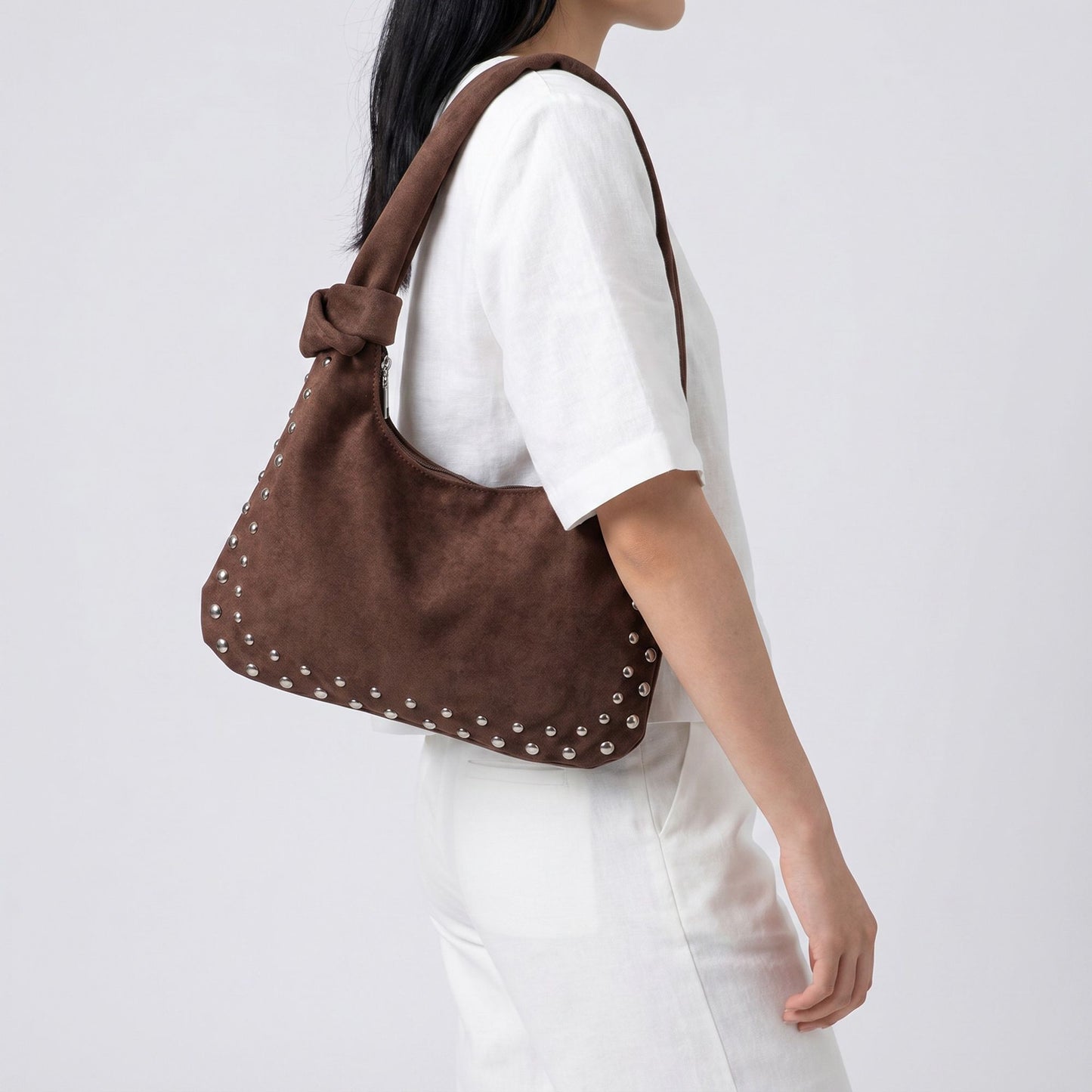 Studded Hobo Shoulder Bag with Padded Strap Knotted Detail Top Zip Closure