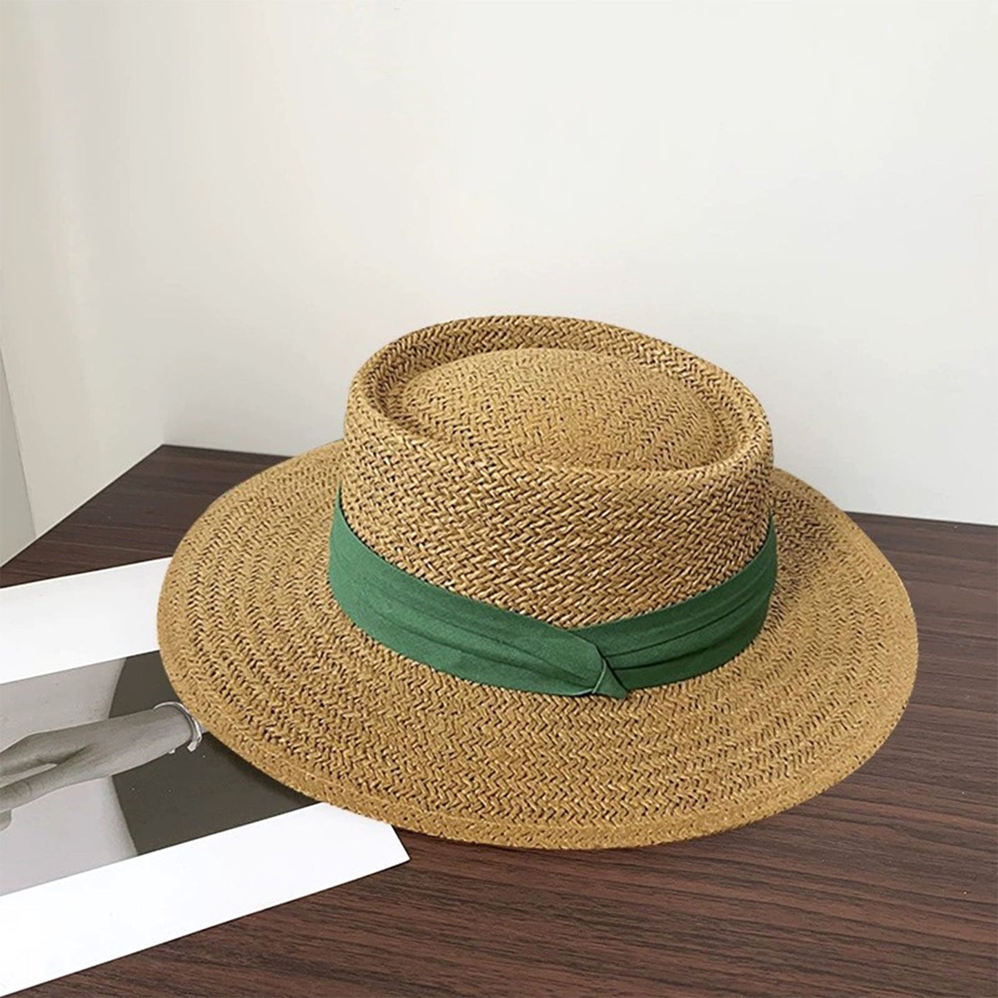 Straw Boater Hat Flat Top Wide Brim Summer Beach Sun Hat Lightweight