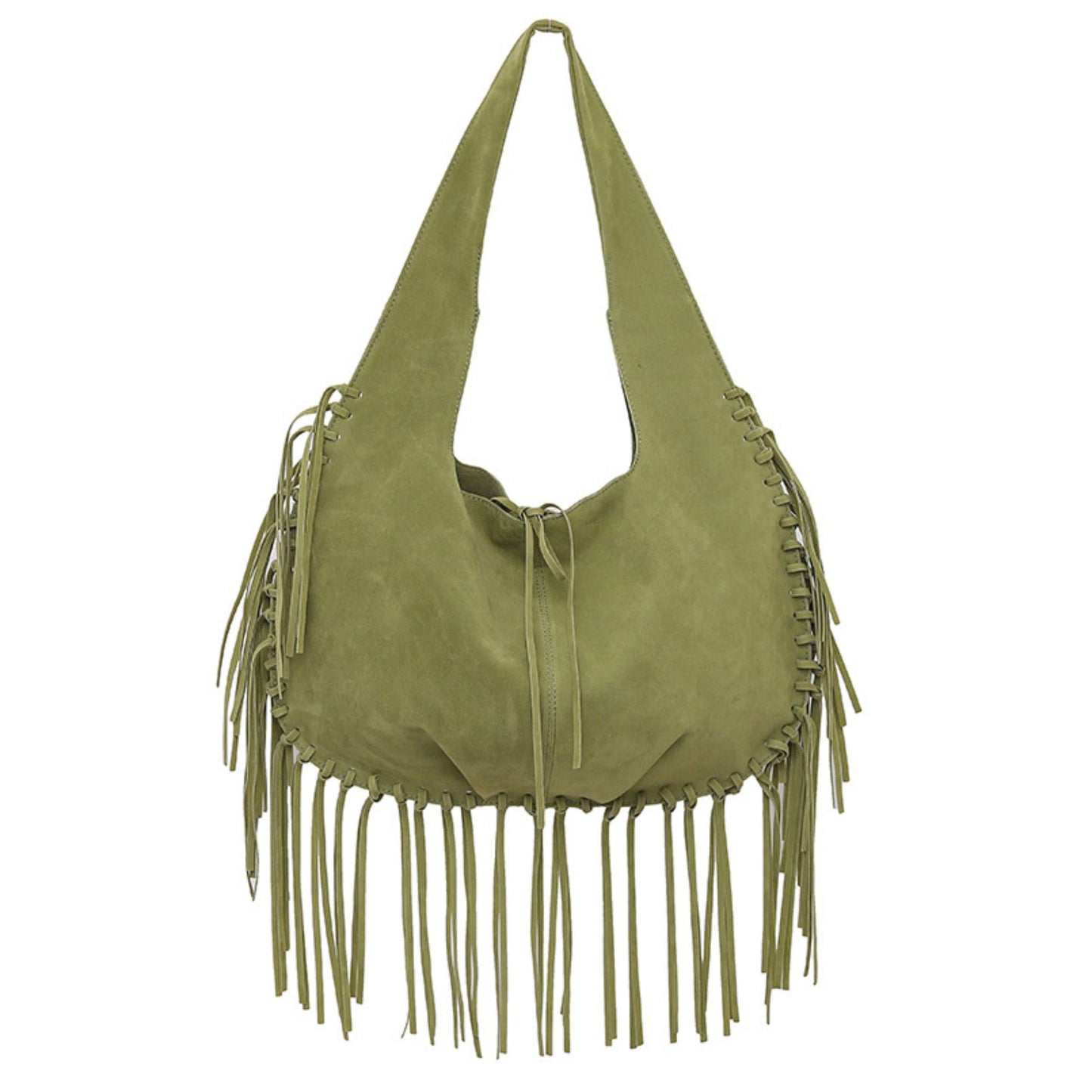 Slouchy Fringe Hobo Shoulder Bag with Tie Closure and Inner Pockets