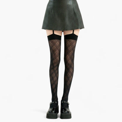 Sheer Plaid Pattern Thigh High Tights with Elastic Band Top and Garter Style Detail