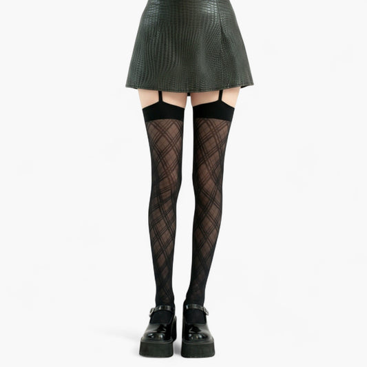 Sheer Plaid Pattern Thigh High Tights with Elastic Band Top and Garter Style Detail