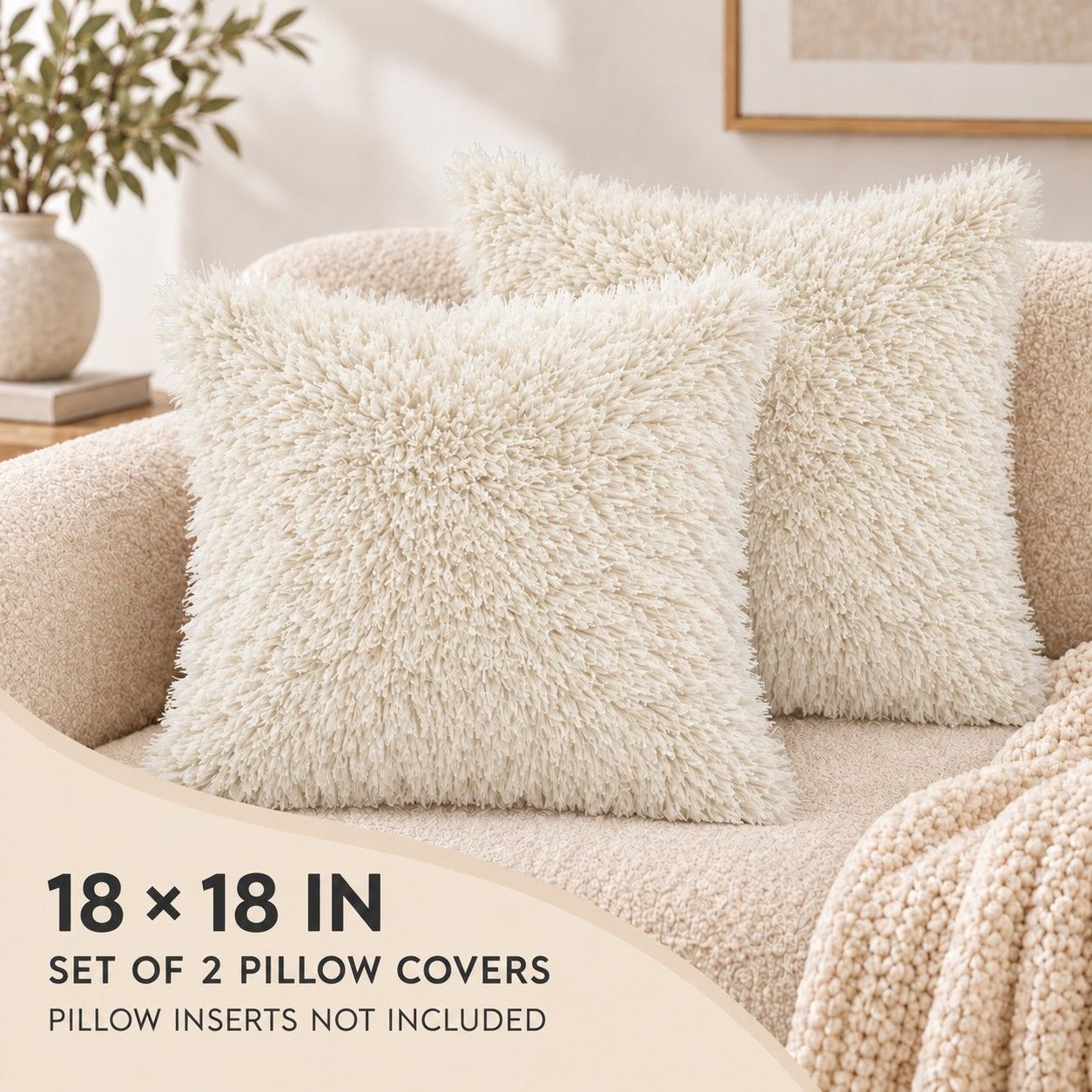 2 Pack Shaggy Faux Fur Throw Pillow Covers 18 x 18 Inch for Couch Sofa and Bed