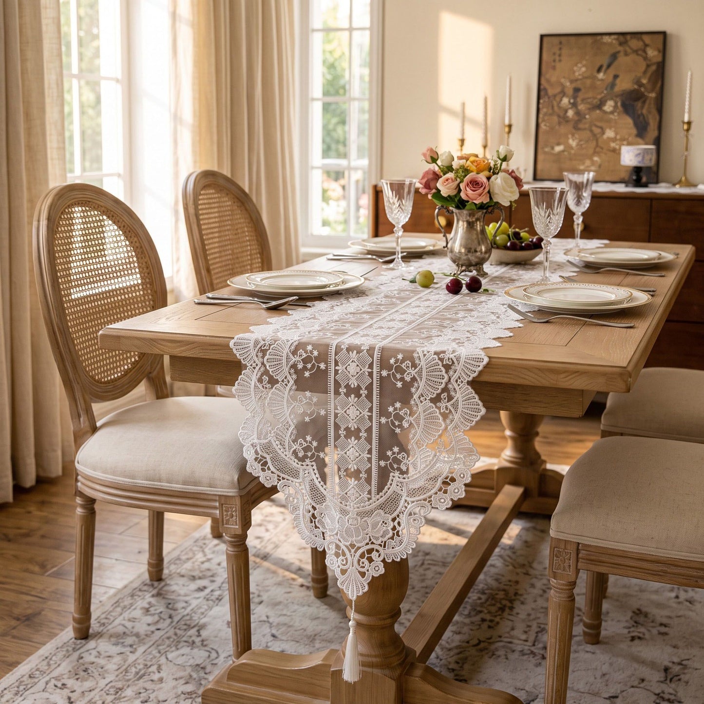 White Floral Lace Table Runner with Scalloped Edges 13.8x47.2in