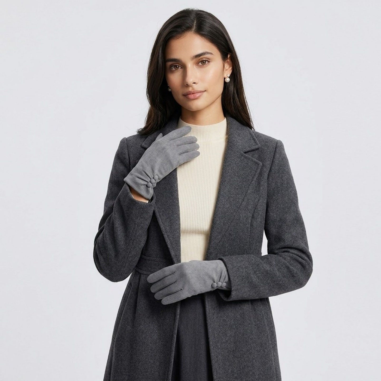 Faux Suede Winter Gloves with Pleated Wrist and Button Detail 9.4 x 3.3in