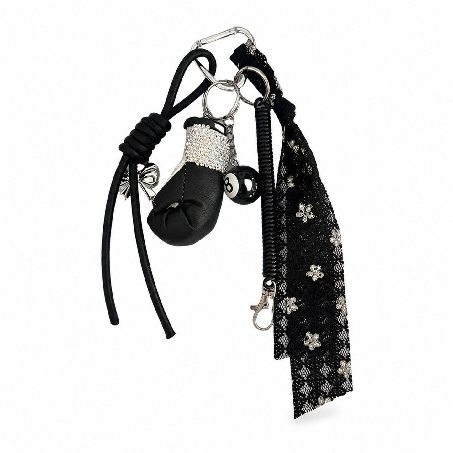 Boxing Glove Keychain Bag Charm with 8 Ball Accent Lace Ribbon and Clip