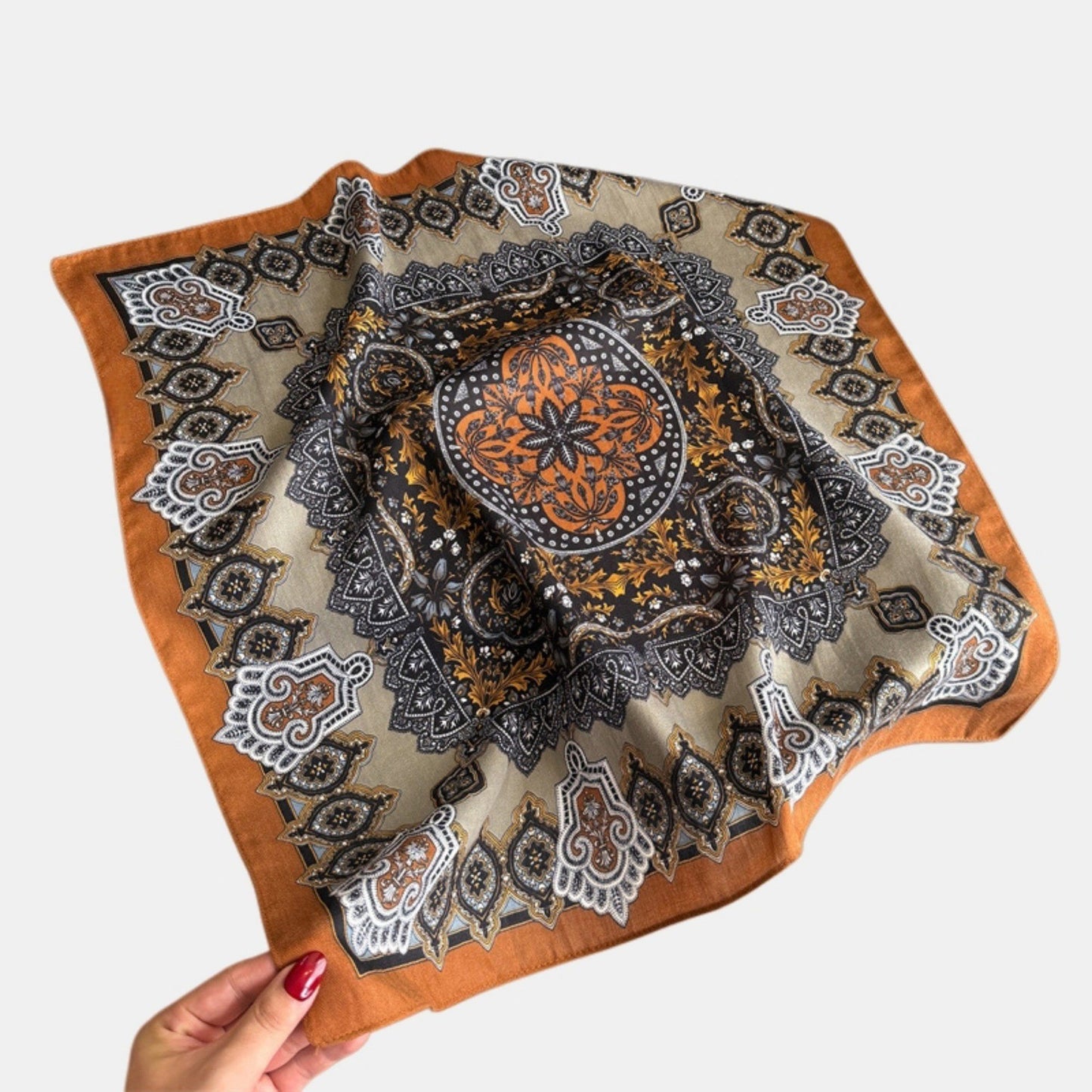 Ornate Paisley Medallion Print Square Scarf with Soft Lightweight Fabric and Decorative Border Detail 26.7x26.7in