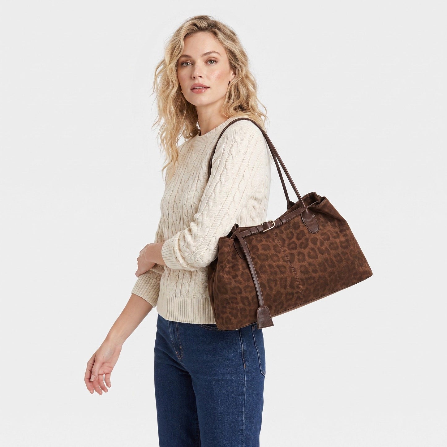 Leopard Print Shoulder Tote Bag with Magnetic Closure Buckle Detail and Tassel