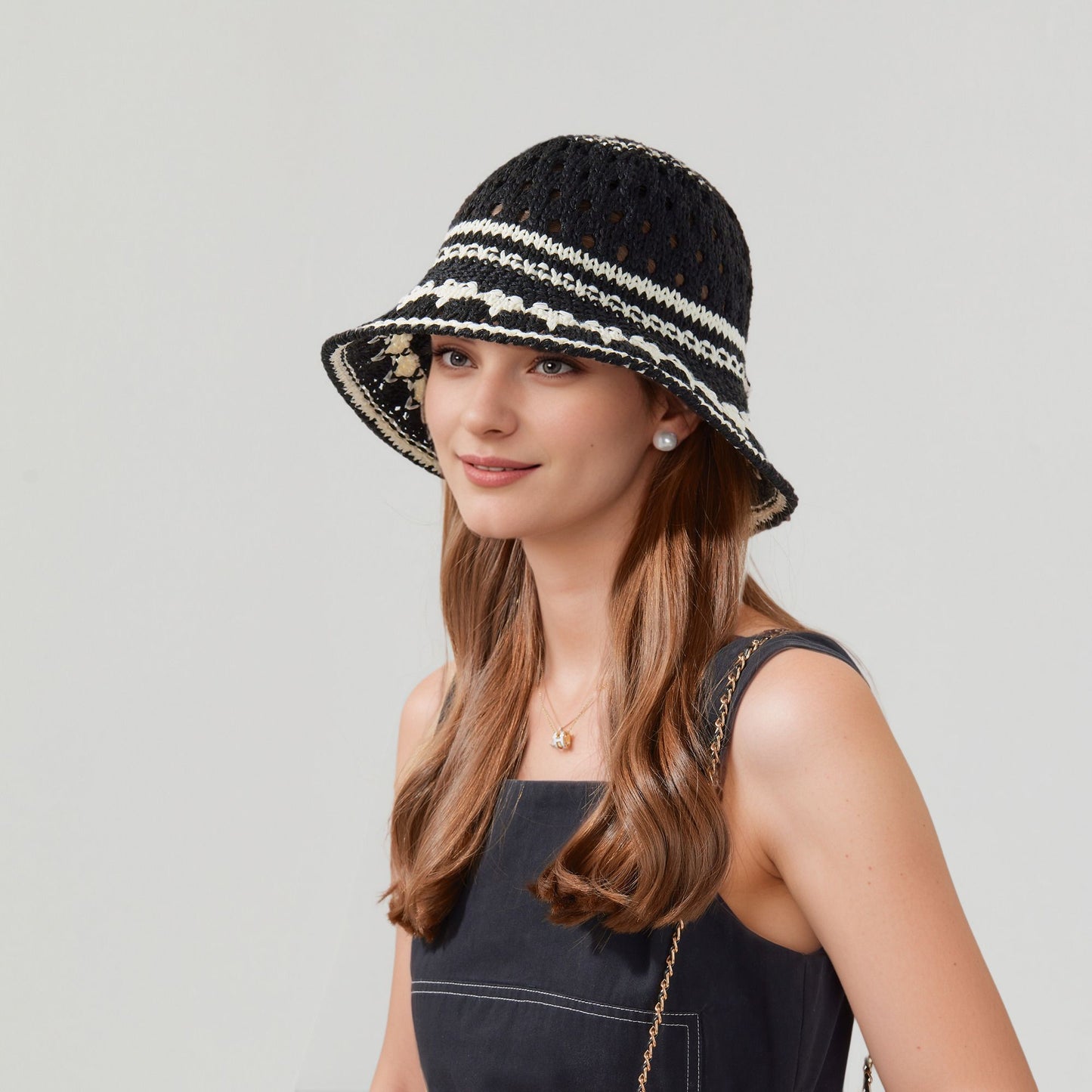 Crochet Knit Bucket Hat with Openwork Floral Pattern and Rolled Brim for Lightweight Summer Style