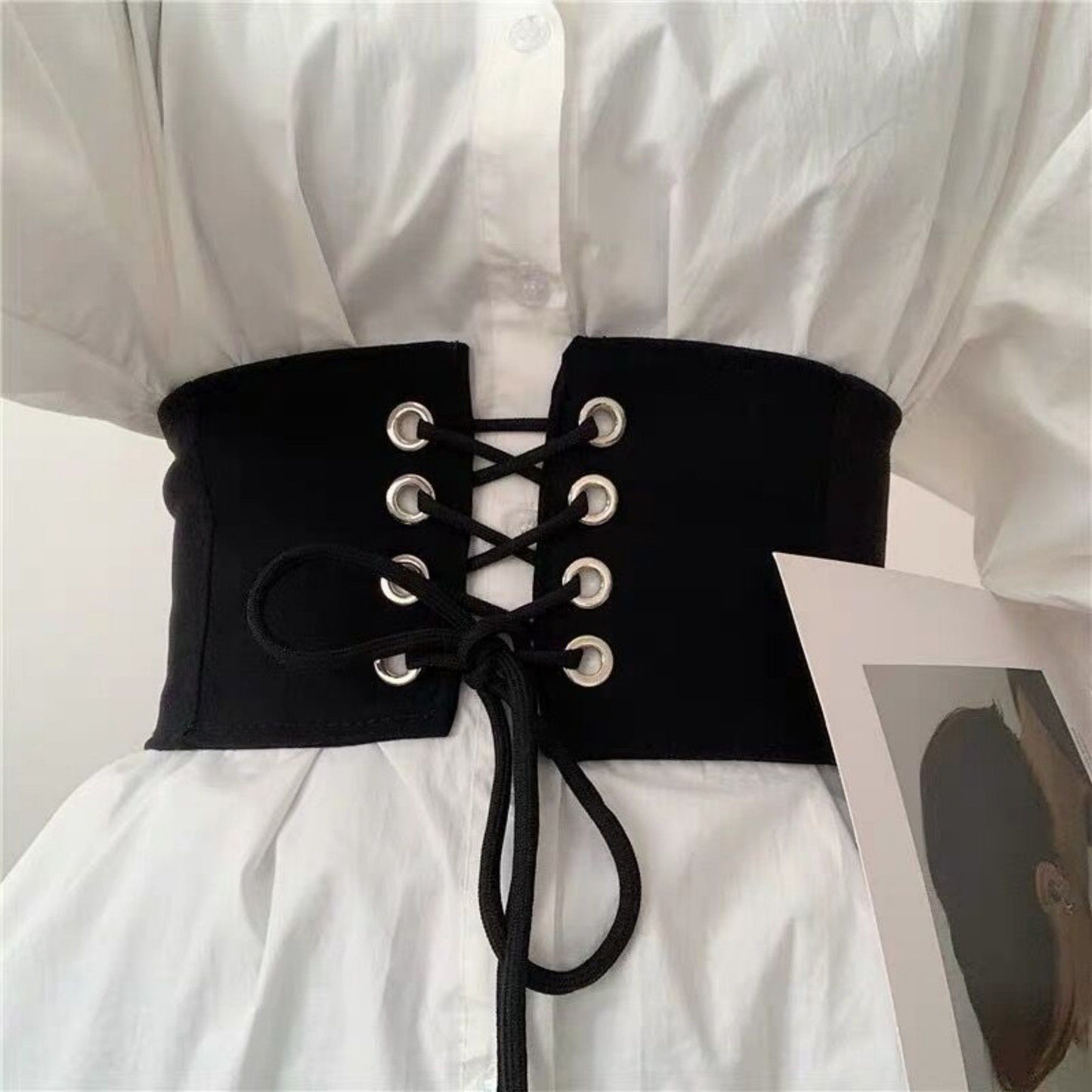 Wide Lace-Up Waist Belt with Structured Panel Design and Adjustable Corset-Style Front Ties 5x25.5in