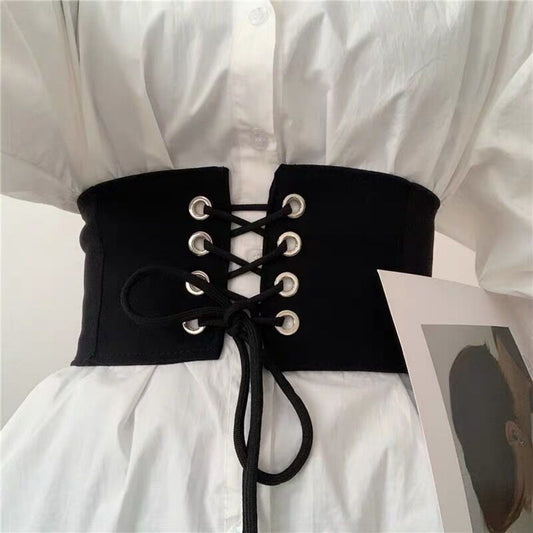 Wide Lace-Up Waist Belt with Structured Panel Design and Adjustable Corset-Style Front Ties 5x25.5in
