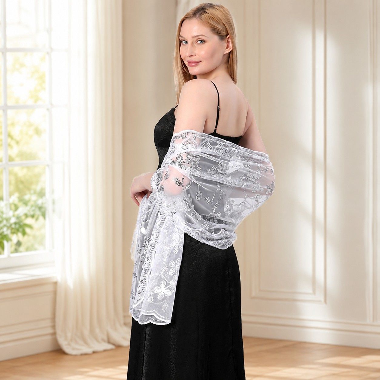 Embroidered Sequin Mesh Shawl Wrap Sheer Floral Scarf Scalloped Edge