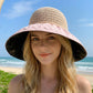 Wide Brim Crochet Sun Hat with Bow Accent and Textured Fabric Brim