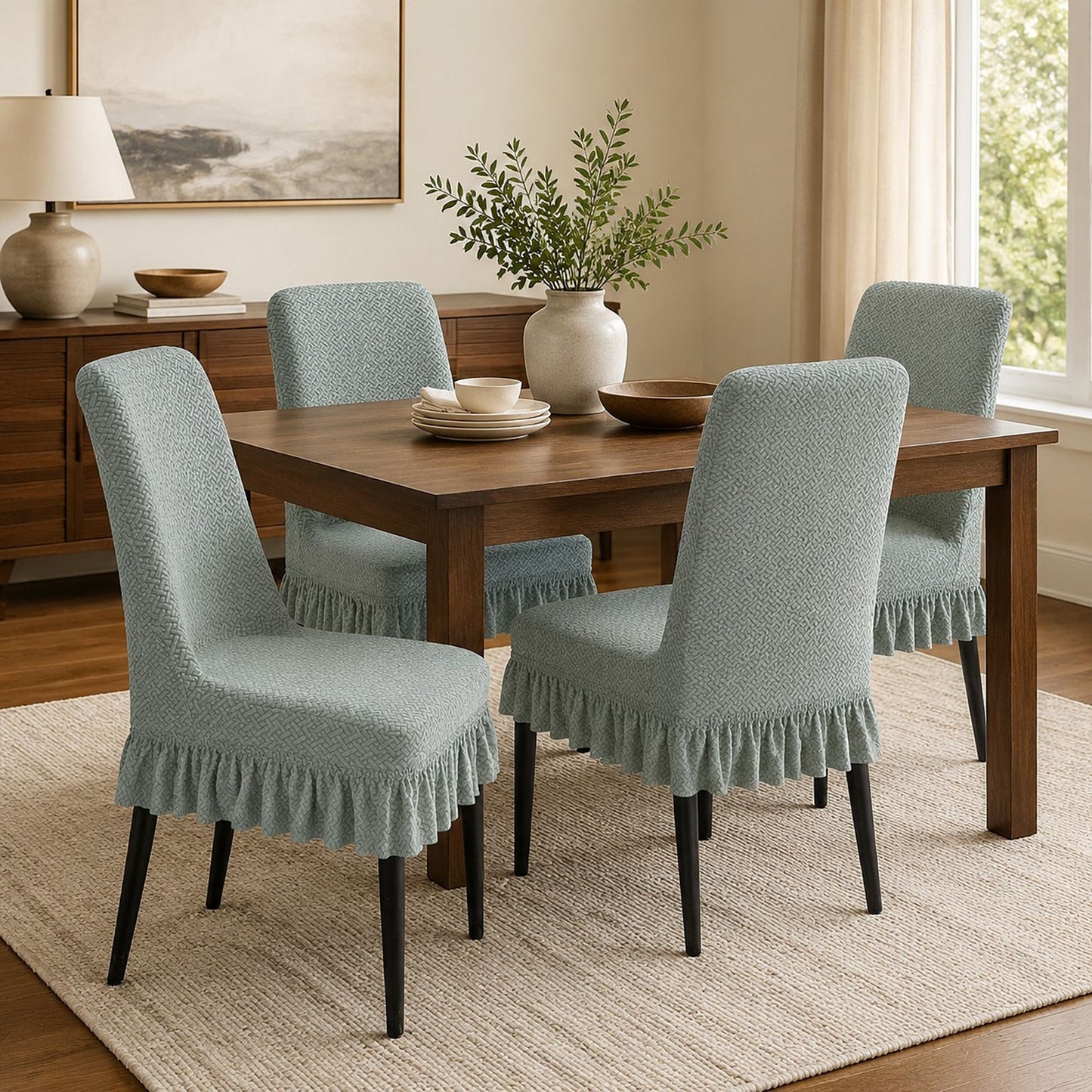 Textured Stretch Dining Chair Cover with Ruffled Skirt