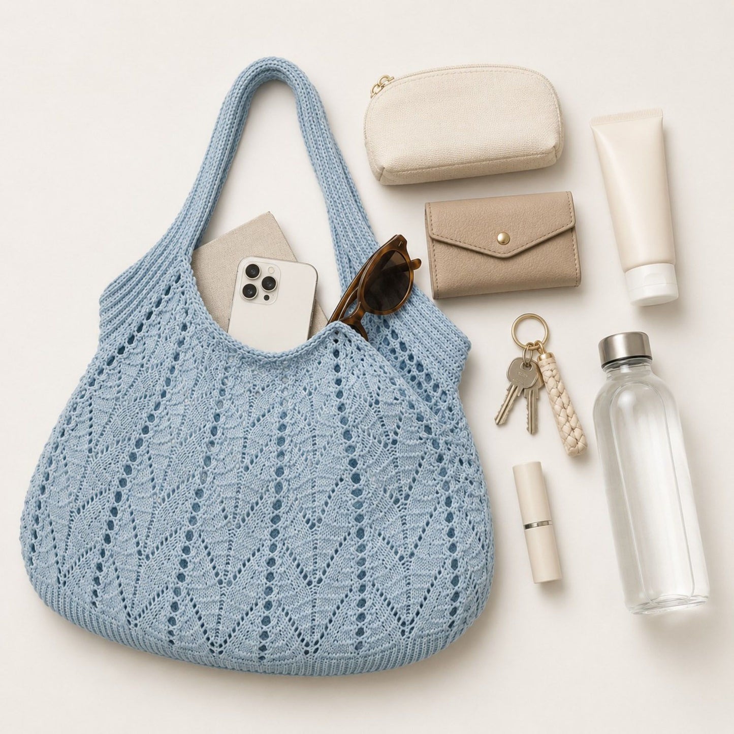 Crochet Tote Bag Lightweight Shoulder Bag with Openwork Knit Texture