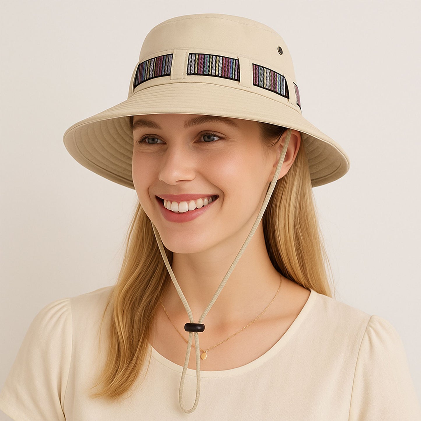 Wide Brim Bucket Hat with Colorful Ribbon Trim Breathable Mesh Lining and Adjustable Chin Strap for Outdoor Use