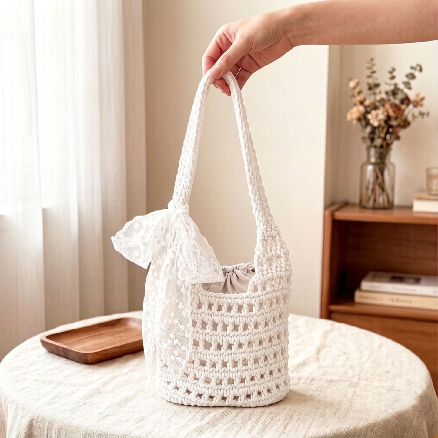 Crochet Shoulder Bag with Lace Bow Detail Knit Bucket Handbag Drawstring Lined Casual Everyday Tote