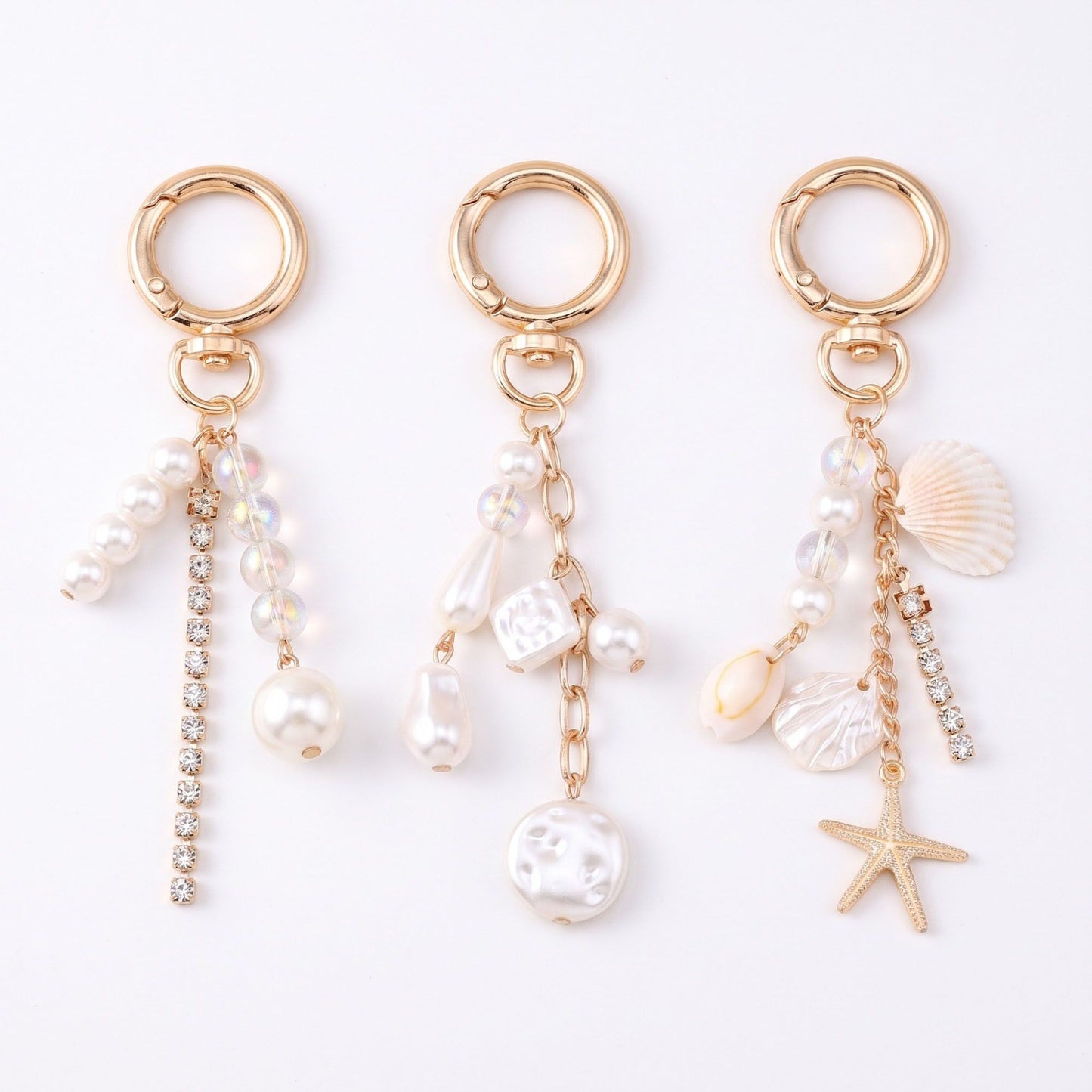 Pearl & Seashell Multi-Charm Bag Charm Key Chain 3-Piece Set
