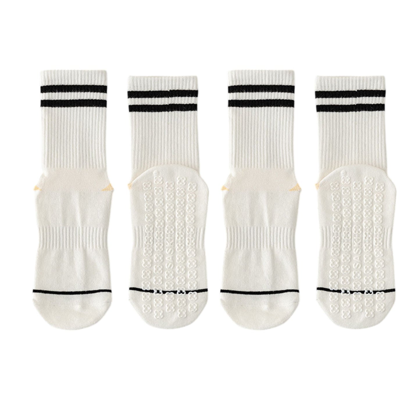 2-Pair Set Crew Athletic Socks with Striped Cuffs and Full Sole Grip for Yoga Fitness