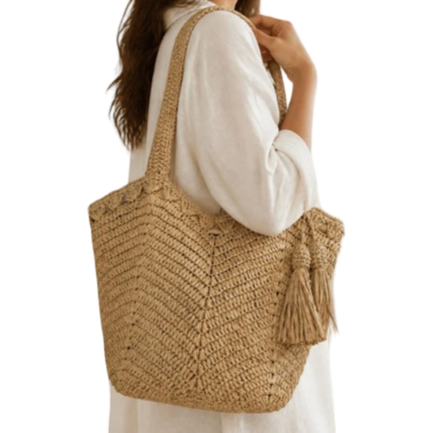 Tassel Straw Tote Bag with Zipper Closure for Beach and Travel