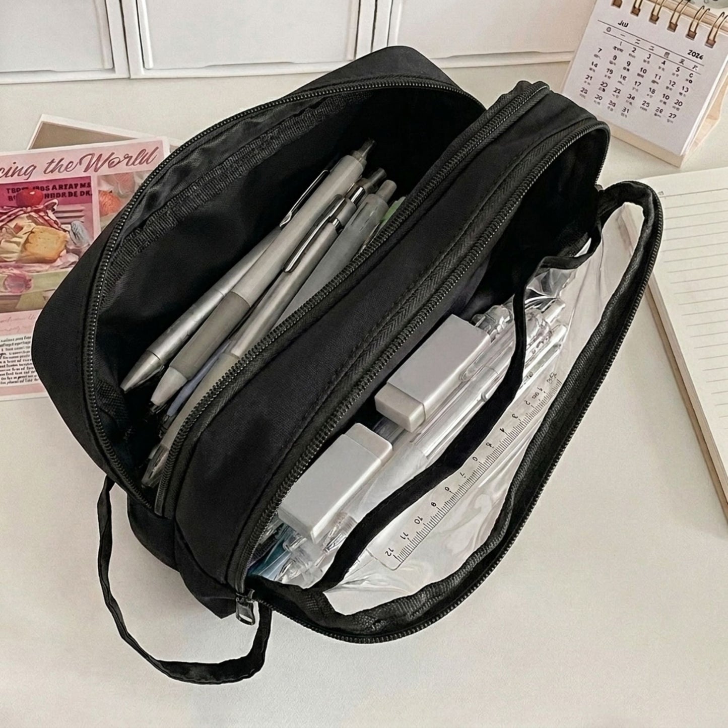 Large Capacity Clear Pencil Case Double Compartment Zipper Pouch with Handle