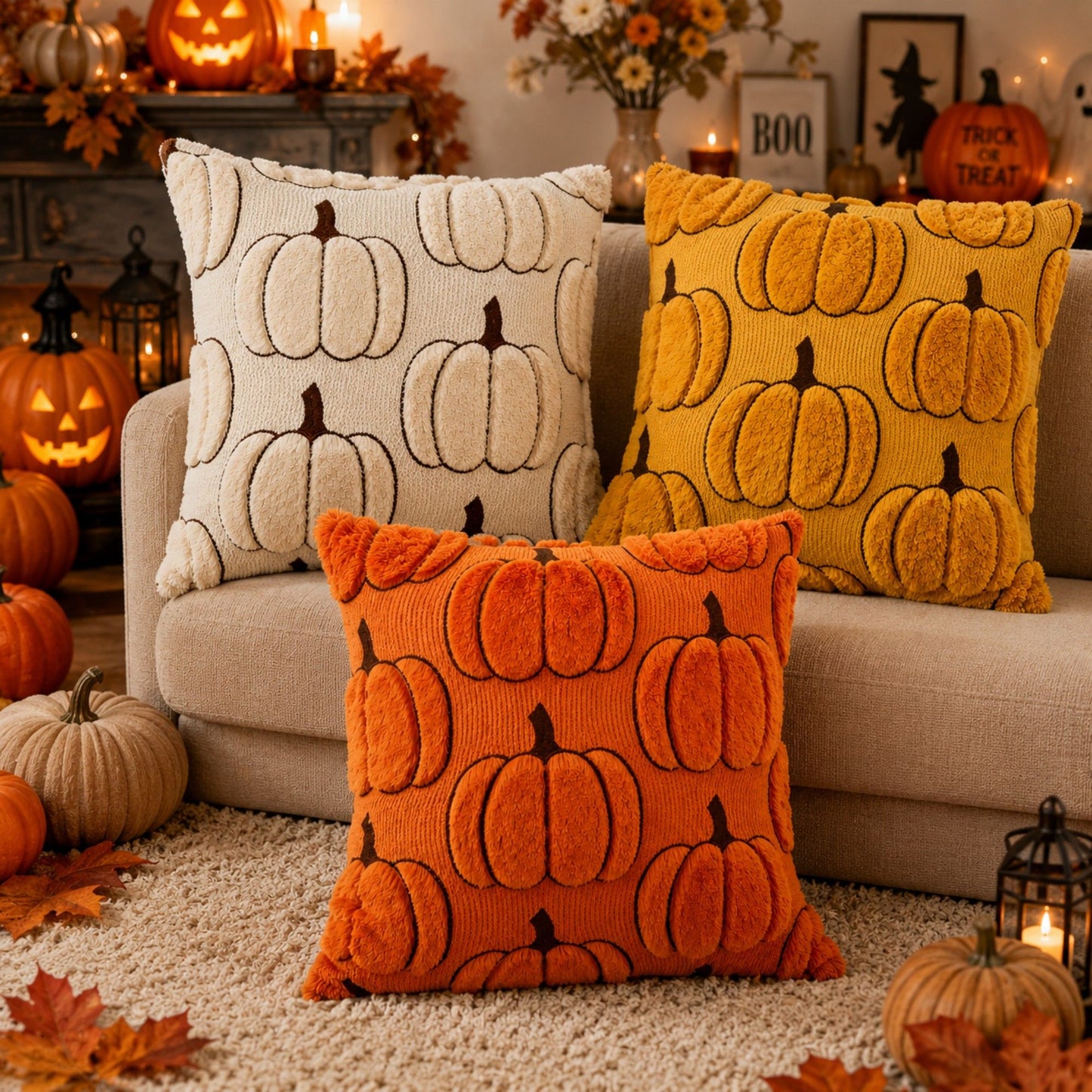 Plush Pumpkin Throw Pillow Cover Square Decorative Fall Cushion Cover