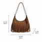 Suede-Like Fringe Hobo Shoulder Bag with Studded Star and Beaded Charm Details