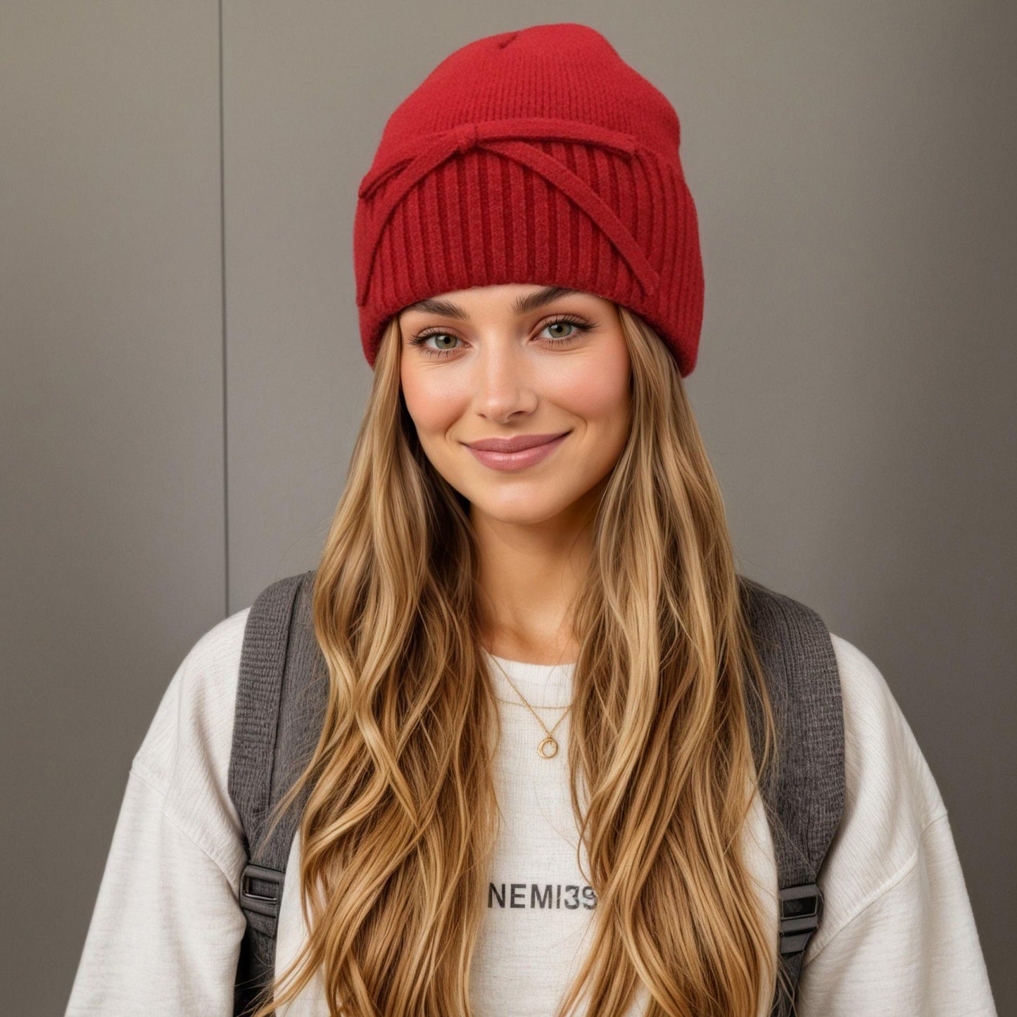 Soft Knit Cuffed Beanie Hat with Ribbed Foldover Hem and Delicate Bow Detail