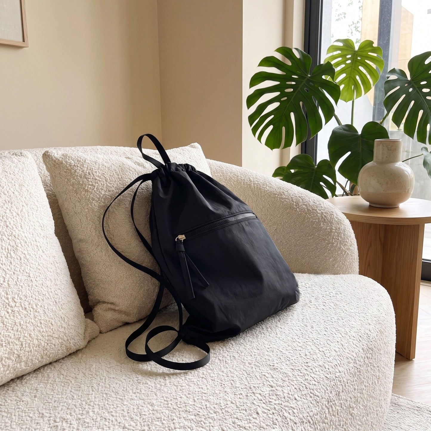Drawstring Backpack with Front Zip Pocket Lightweight Casual Cinch Bag