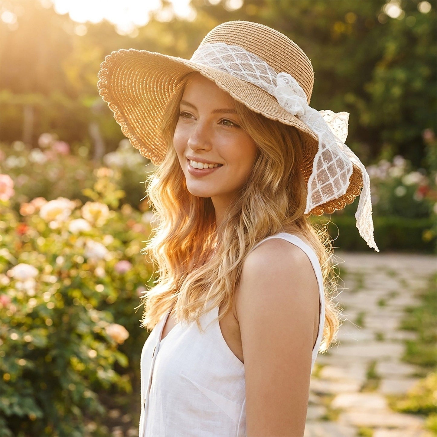 Wide Brim Straw Sun Hat with Sheer Bow Accent and Scalloped Edge