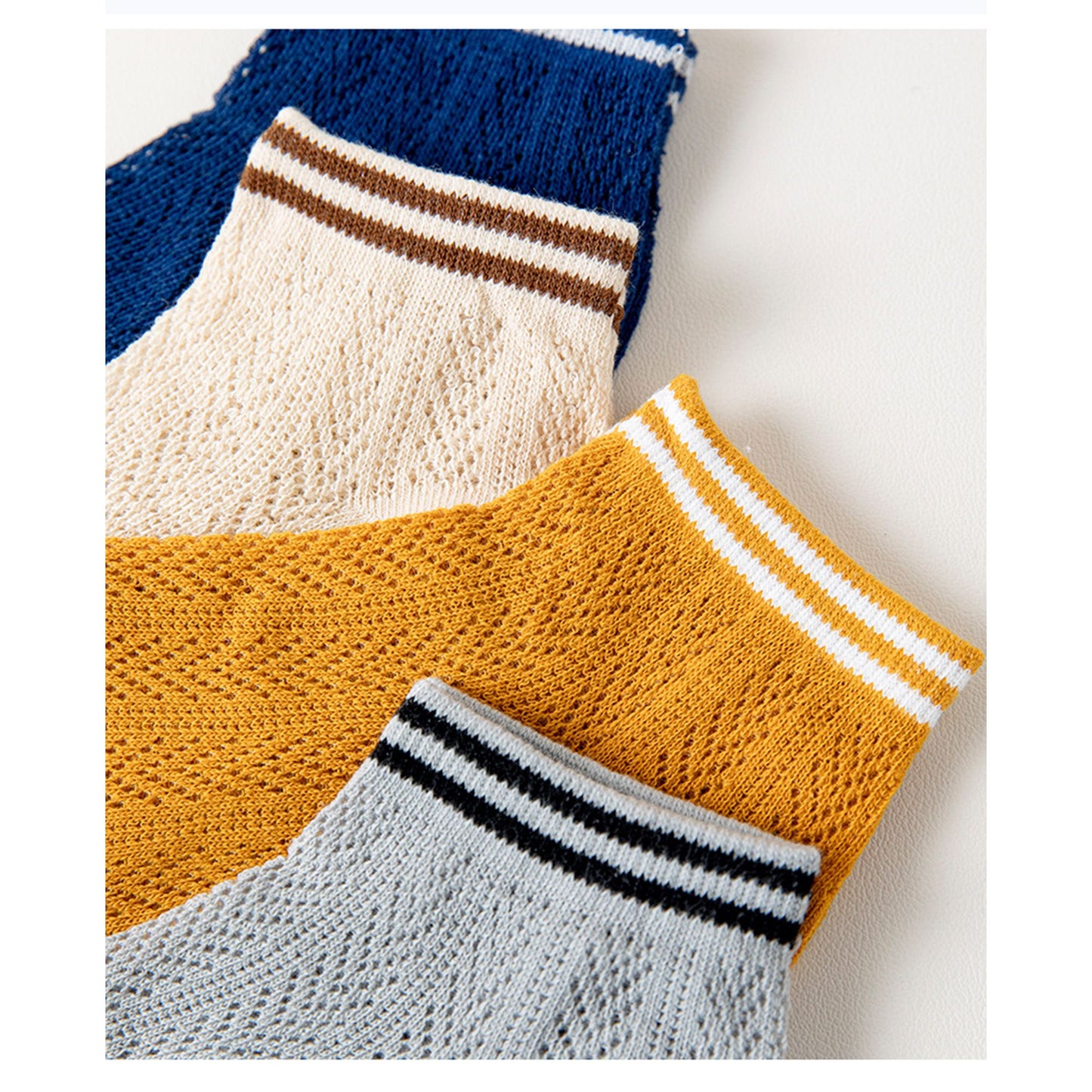 4-Pair Pack Lightweight Mesh Ankle Socks with Striped Cuffs Breathable Knit Texture