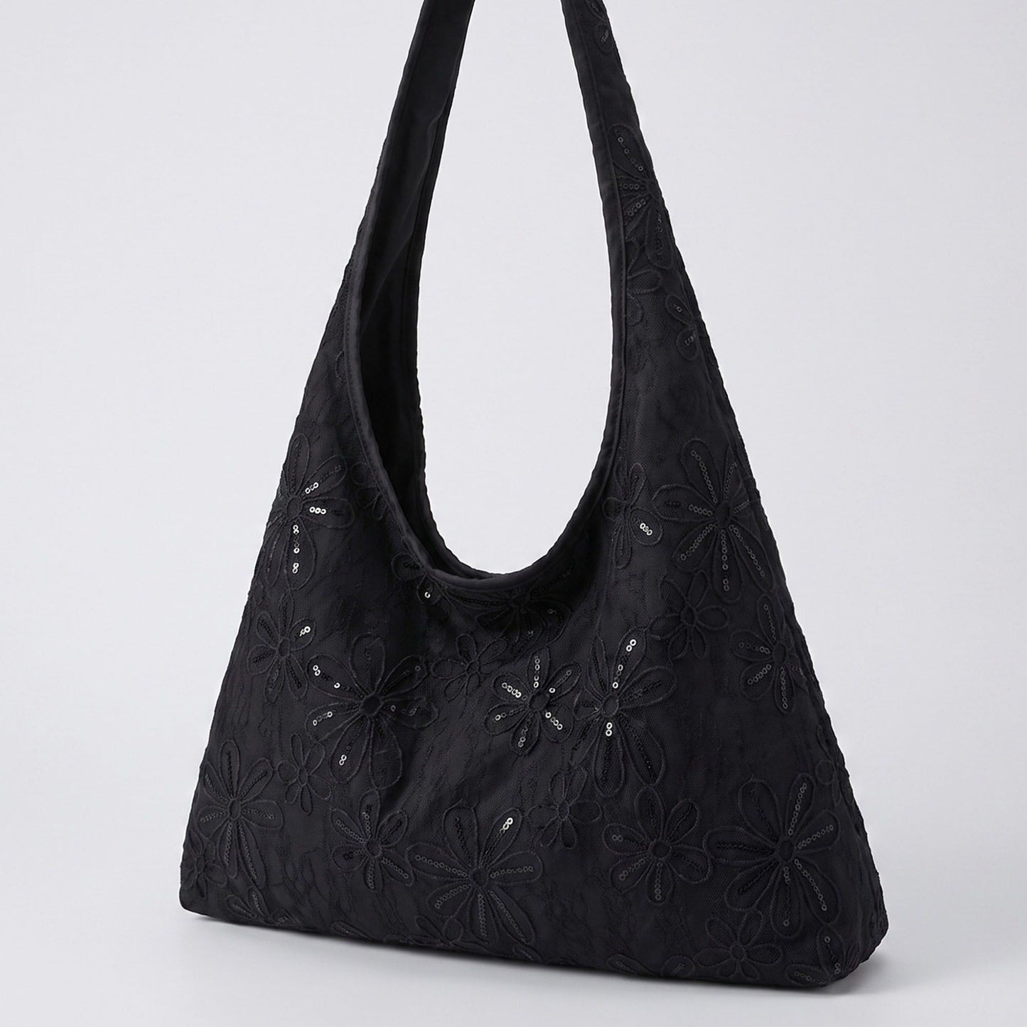 Floral Sequin Lace Slouchy Hobo Bag 15.5x10.5x4.5in