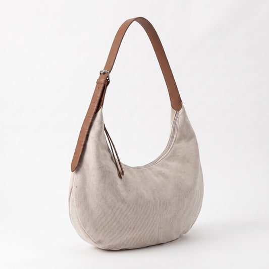 Canvas Crescent Shoulder Bag with Adjustable Faux Leather Strap and Top Zipper 16x10x1.5in