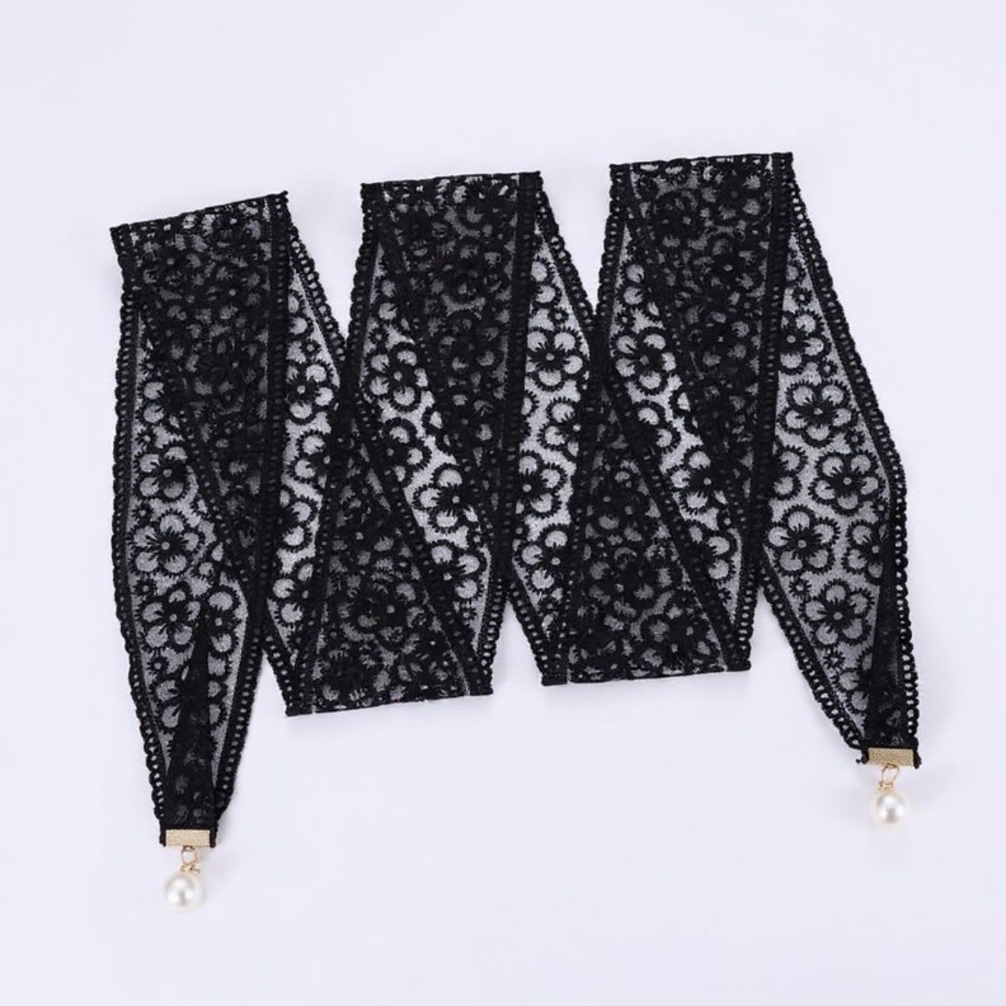 Floral Lace Ribbon Belt with Oversized Bow and Pearl Drop Details 59in