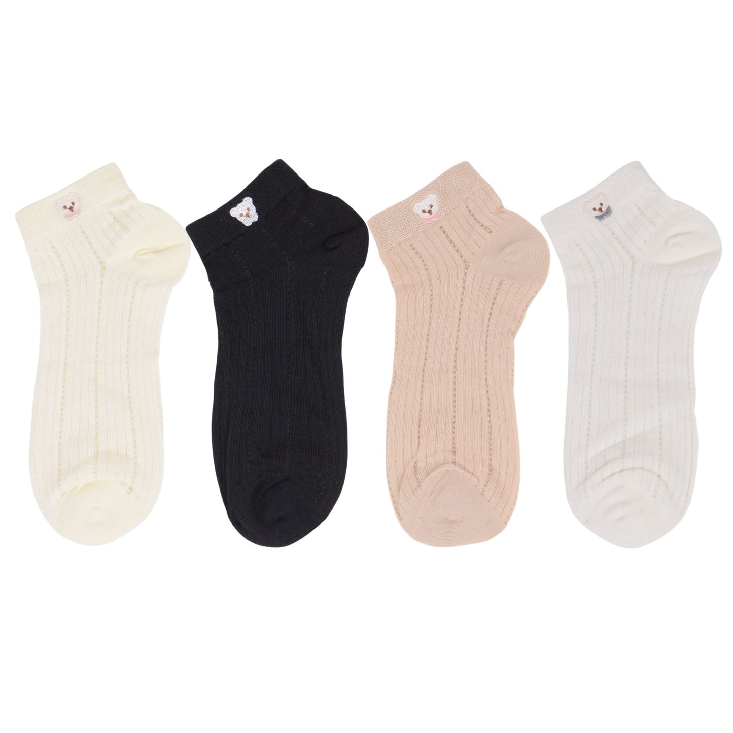 4 Pairs Women's Ankle Mesh Socks with Bear Embroidery Lightweight Breathable Knit and Elastic Cuffs