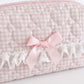 Womens Gingham Quilted Cosmetic Bag with Lace Bow Detail