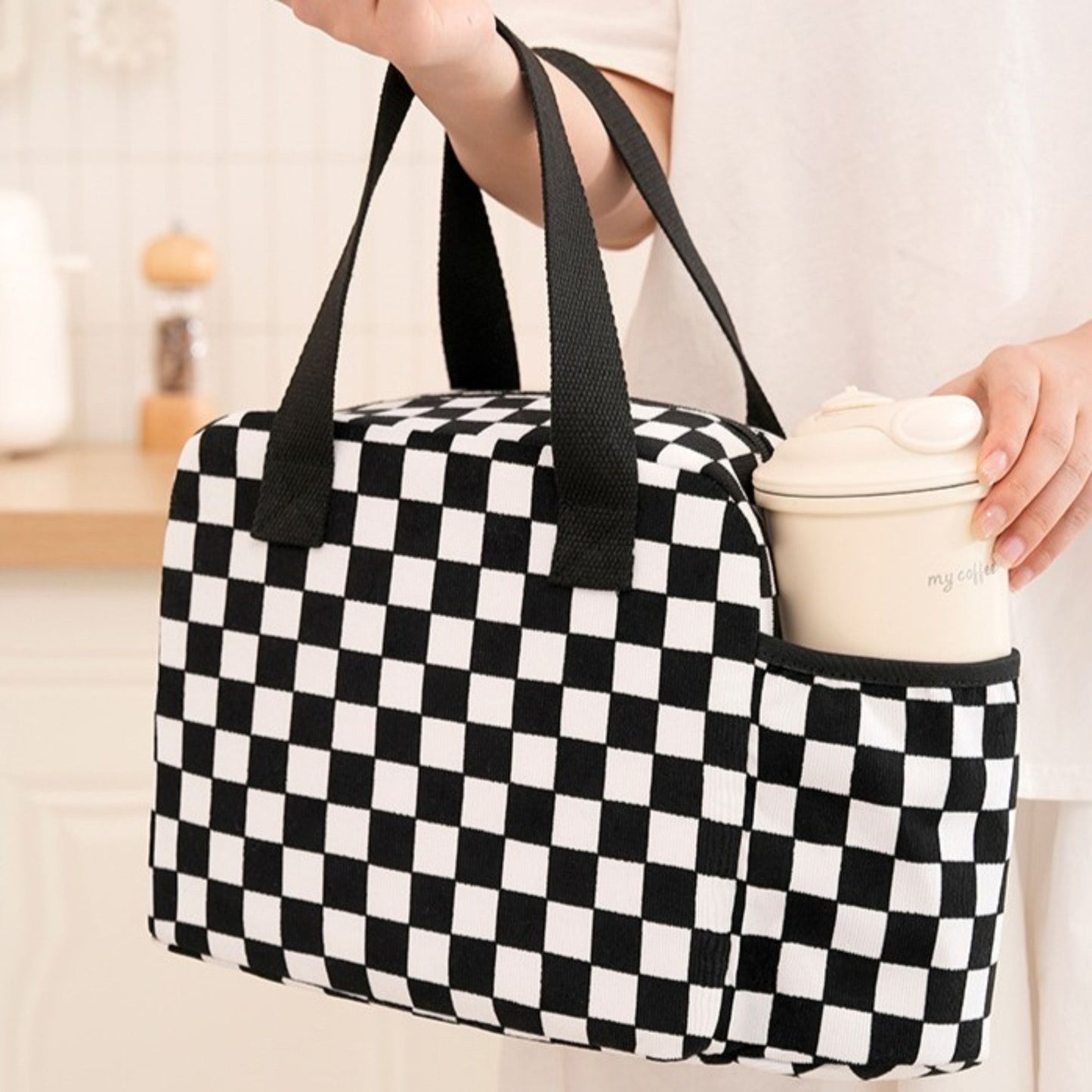 Checkered Insulated Lunch Bag Large Capacity Lunch Tote with Side Pockets for Work