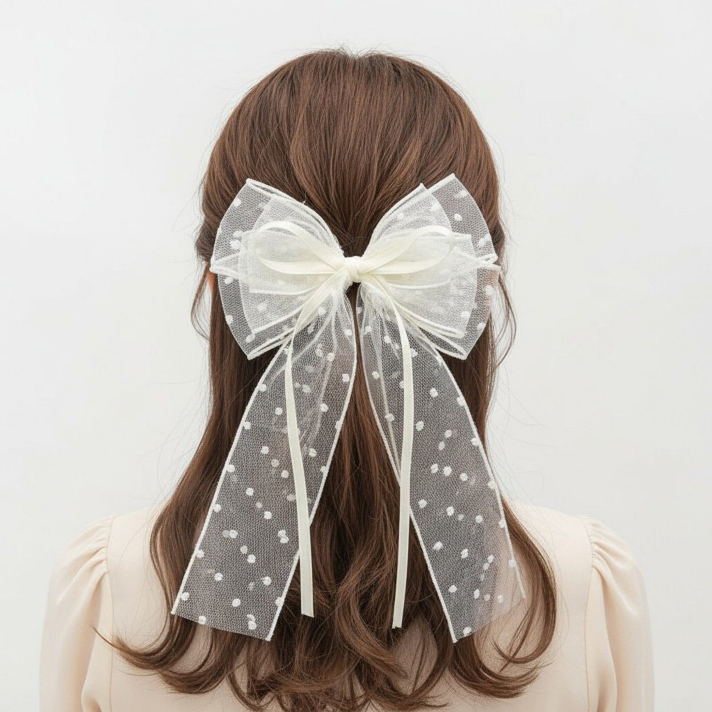 Sheer Polka Dot Bow Hair Clip with Layered Tulle Design and Long Ribbon Tails