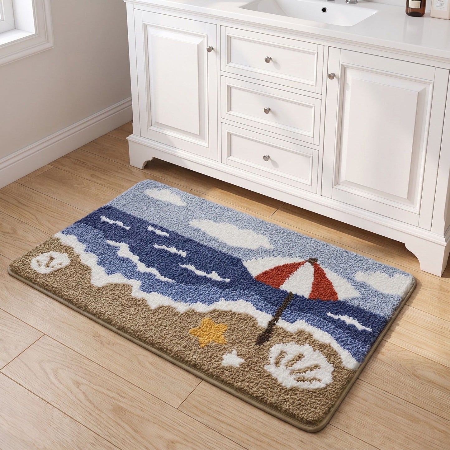 Coastal Beach Scene Plush Bathroom Mat with Umbrella and Ocean Wave Design