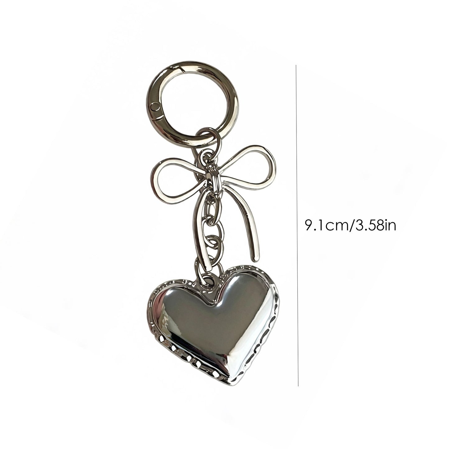 2 Pack Metal Heart Keychain with Bow Accent Clip and Polished Bag Charm Pendant