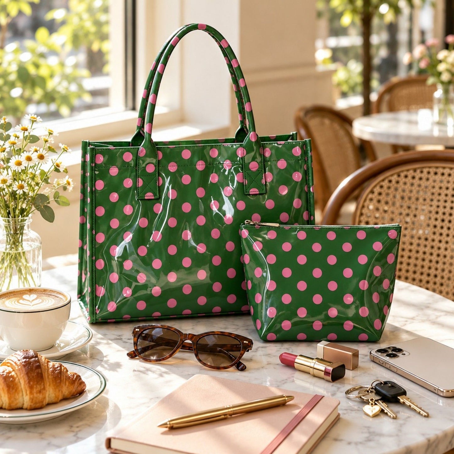 Polka Dot Tote Bag with Matching Cosmetic Pouch Set