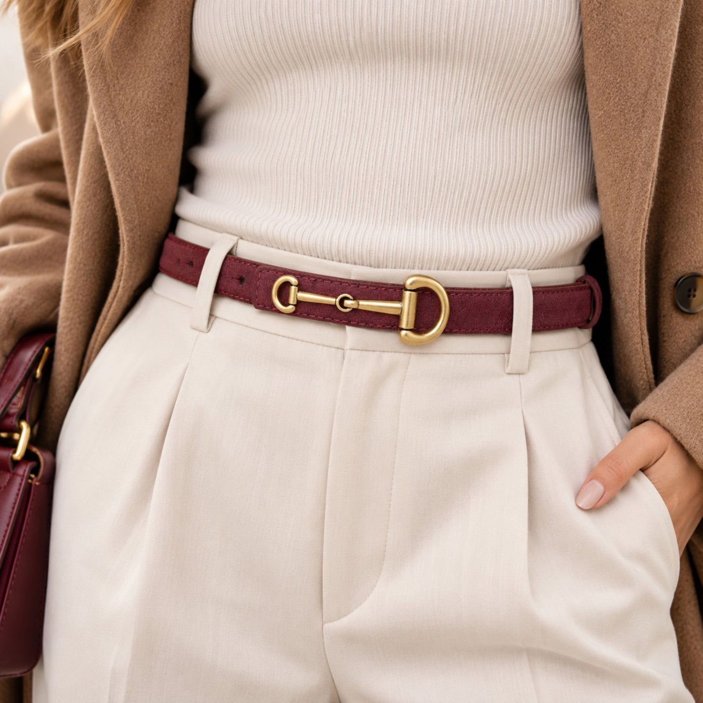 Suede Leather Skinny Belt with Equestrian Gold Tone Buckle 39.4in