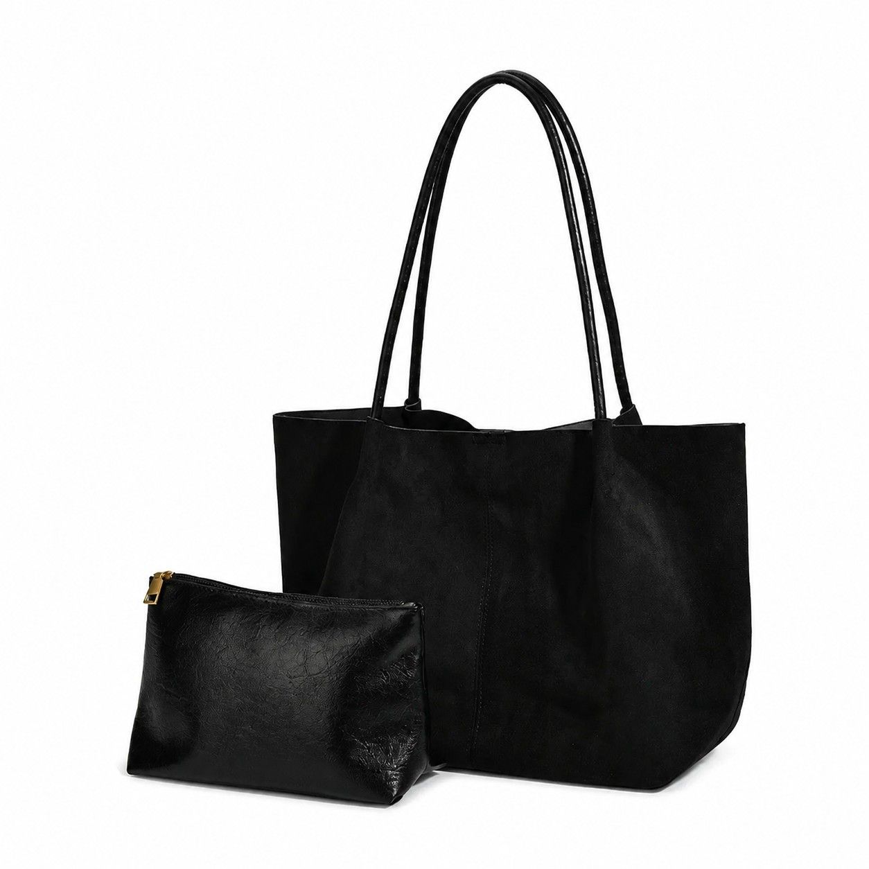 Faux Suede Tote Bag with Removable Zip Pouch and Double Shoulder Handles