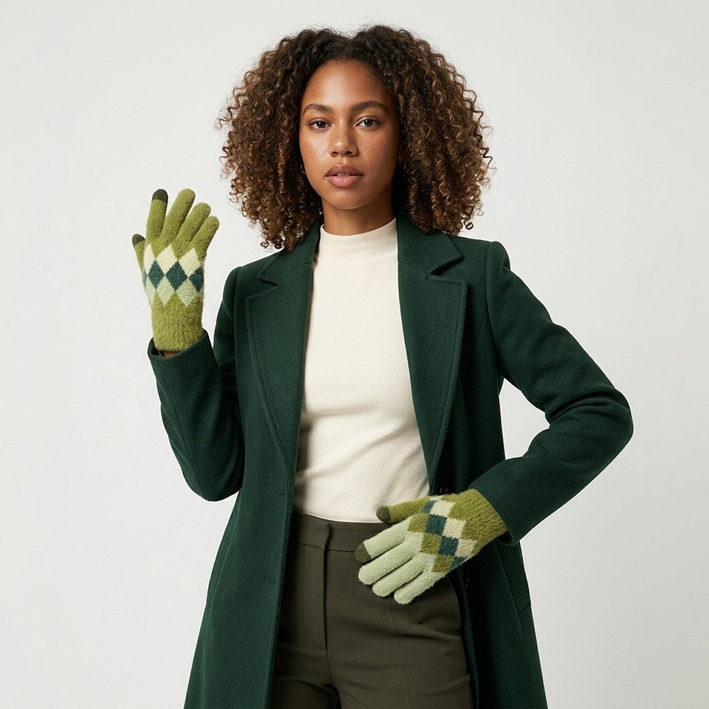 Fuzzy Argyle Touchscreen Gloves for Cold Weather