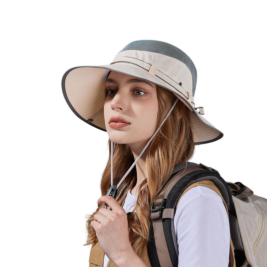 Wide Brim Outdoor Hat with Mesh Ventilation Snap-Up Sides and Chin Strap for Hiking, Beach, Travel, and Sun Protection
