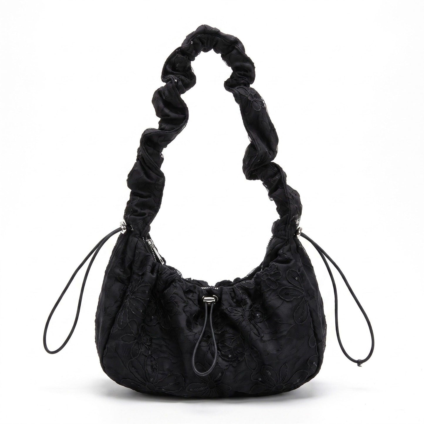 Floral Embroidered Ruched Shoulder Bag with Drawstring Closure 11x8.3x3in